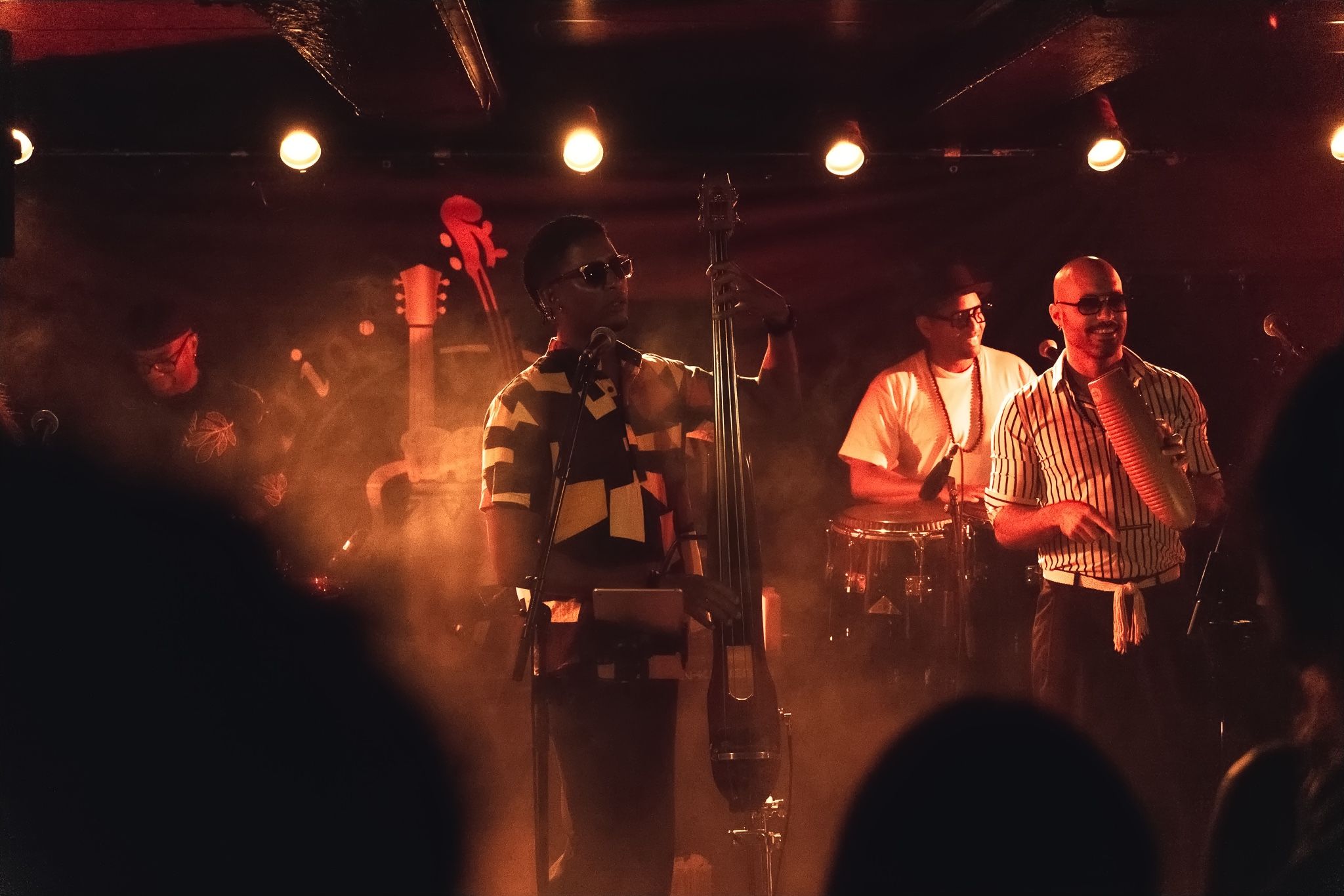 The band through warm stage haze, seen past the heads of the audience.
