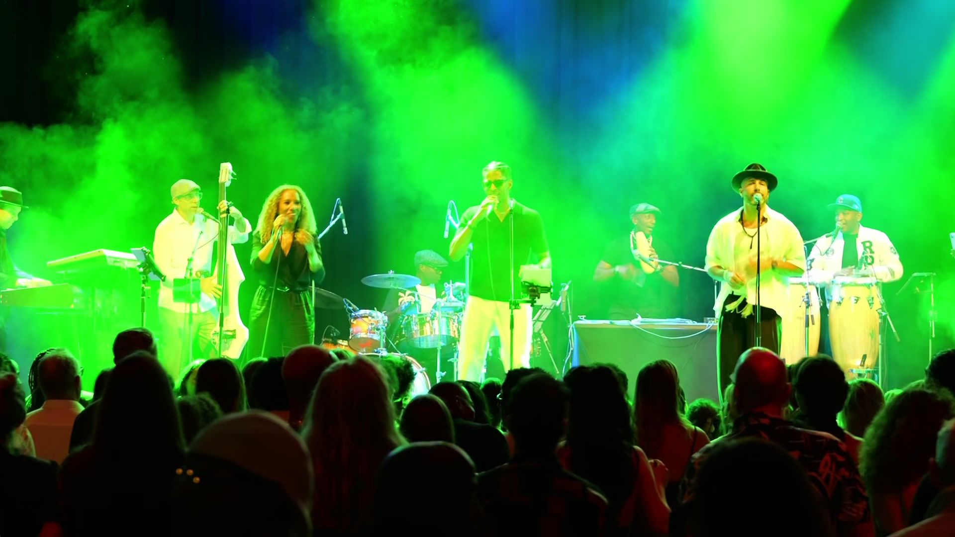 The band on a large stage in coloured light and haze, with the audience in silhouette in front.